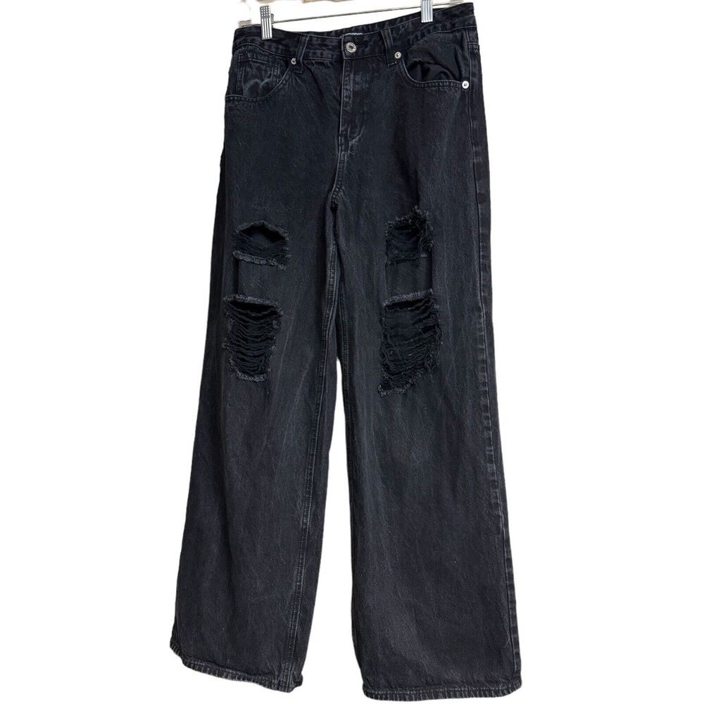 Hot Topic Black Ripped Destroyed High Rise Wide Leg Jeans Size 9 Grunge Goth